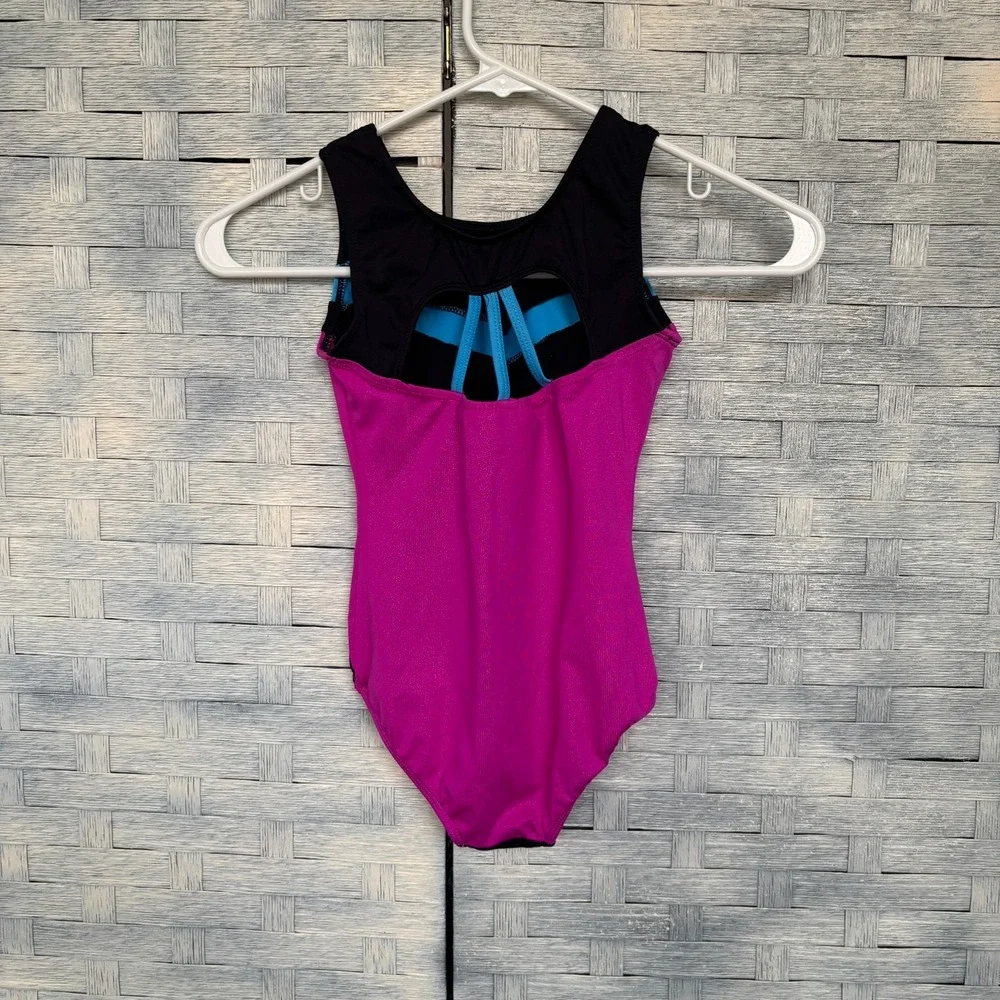 Danskin Freestyle Child Small Gymnastics‎ Leotard Black Pink Blue Rhinestone
